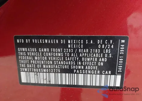 2025 Volkswagen Jetta Gli 2.0T Autobahn z USA, uszkodzony, nr VIN 3VW2T7BUXSM012775